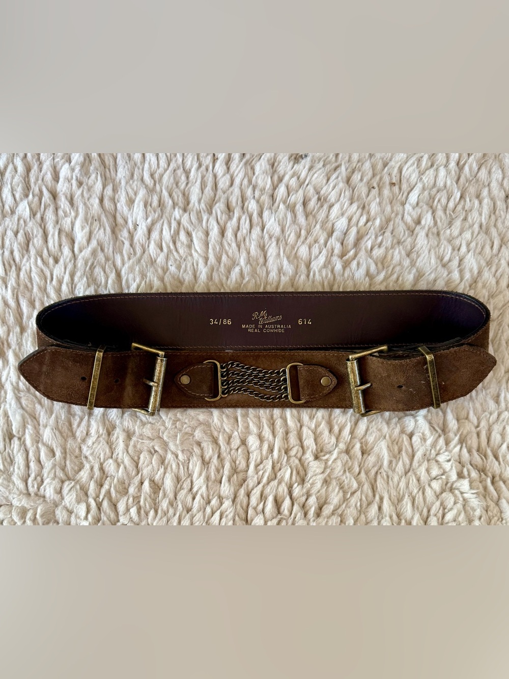 R.M. Williams Suede Statement Belt | Brown | Brass Chain & Double Buckle | Sz 34